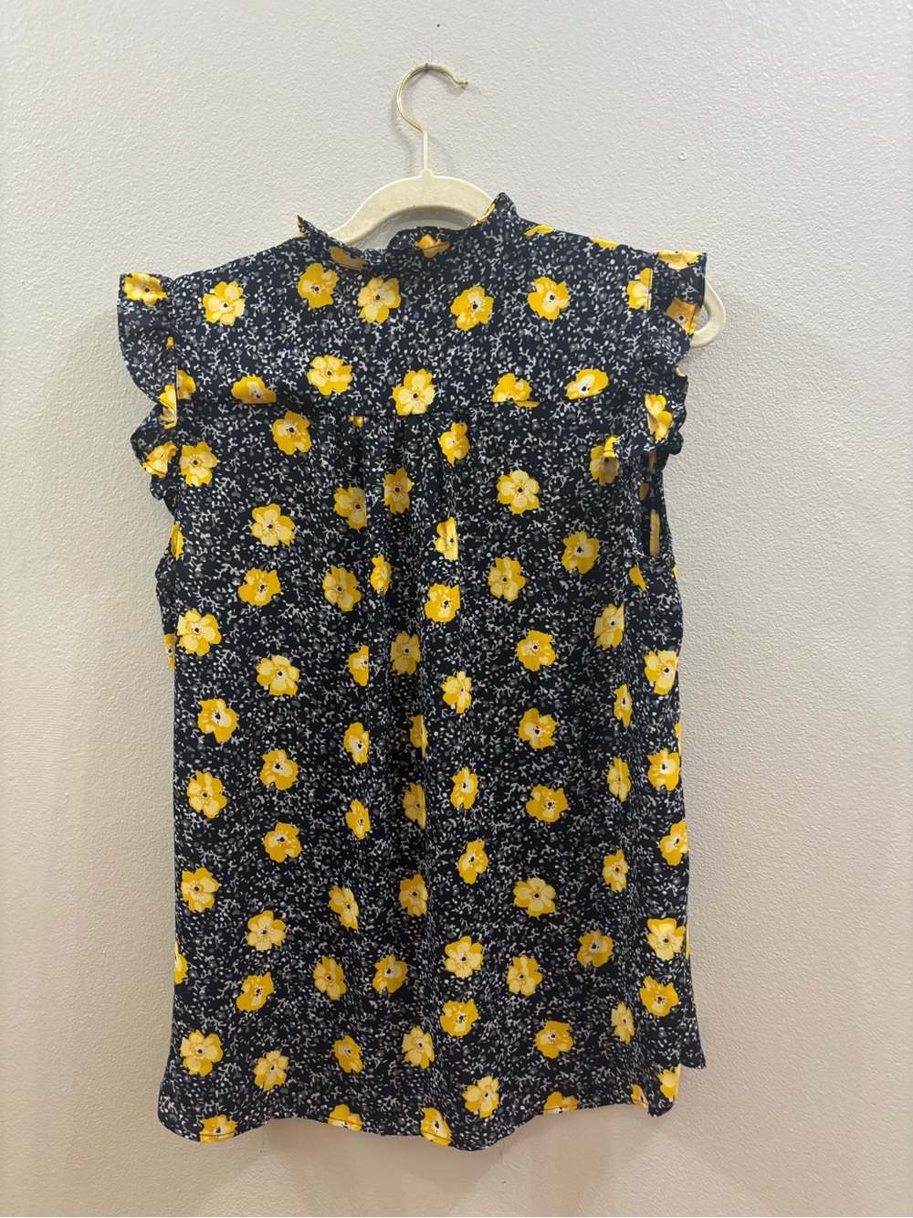 LOFT Navy Floral Ruffle Cap Sleeve Blouse with Yellow Flowers - Picture 3 of 3